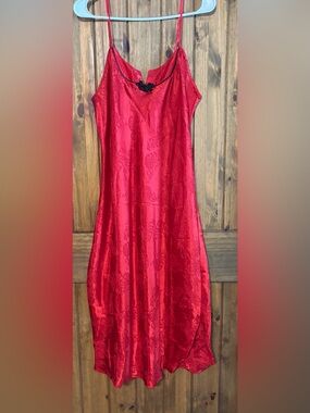 Vintage Y2K Josie Red Satin Jacquard Maxi Nightgown Slip Dress Gothic Size S